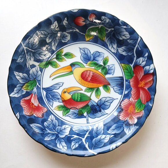 Japan Toucans Hibiscus Decorative Bowl 8" Tropical Birds VTG Andrea by Sadek - Picture 6 of 9